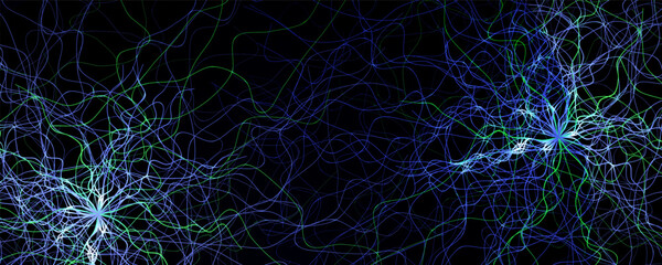 Obraz premium Neural network connections background with glowing blue green lines on dark. Futuristic AI data flow design for tech, science, medical banners. Neural connections backgrounds. Vector illustration