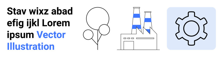 Factory with chimneys, three balloons, and gear element representing industry, celebration, and technology. Ideal for innovation, sustainability, teamwork, creativity manufacturing concepts events © robu_s