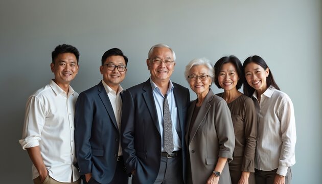 Multi generational Asian family posing for business portrait. Elders and younger adults smile in professional attire. Represents succession, teamwork and company growth.