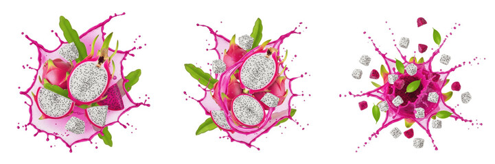 Dragon fruit fruit Hylocereus undatus Hylocereus costaricensis, dragon fruit with juice splash, red dragon fruit white dragon fruit pitaya pitahaya strawberry pear oil paint