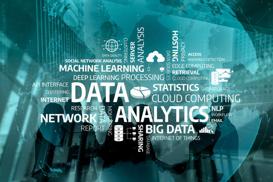 This abstract image illustrates various concepts in data analytics, featuring elements like machine learning, cloud computing, and network analysis useful for business insights. Tessel - Powered by Adobe