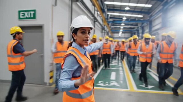 Female supervisor blows whistle and guides team of workers through factory floor during safety drill. Industrial management and evacuation concept.