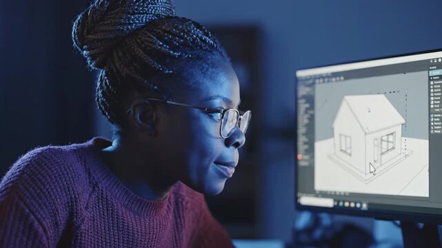 Young woman architect designs a 3D house model on computer screen late at night. Focused professional working in dark office concept for technology and design.