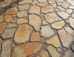 Obraz premium Irregular stone paving pattern with earthy tones and rough texture. Natural stone walkway made of large flat rocks interlaid with dirt. Outdoor ground surface with unique shapes and varying colors.