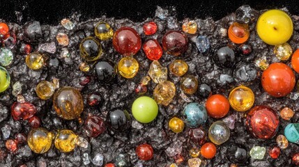 Macro view of dark colored glass beads and crystal fragments with varied textures and vibrant hues