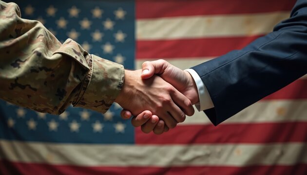 Soldier in uniform and businessman in suit shake hands. American flag background symbolizes national unity cooperation. Represents military business partnership agreement trust.