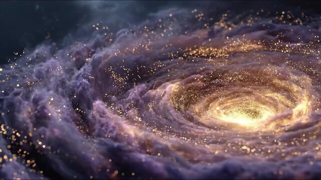 Abstract cosmic vortex background with swirling purple clouds and golden stardust particles