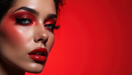 Woman with striking red eye shadow and glossy red lips poses against a bold red background. Her dramatic contouring makeup creates a fierce, high fashion editorial look emphasizing beauty and allure.