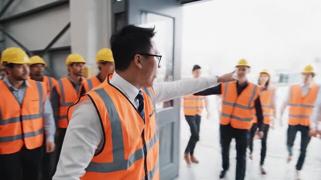 Asian manager guides team of workers towards exit door in warehouse. Scene depicts emergency evacuation drill or safety training. Ideal for industrial business concepts.