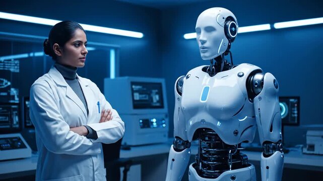 A female scientist and a humanoid robot in a futuristic lab, showcasing advanced AI research and human-robot collaboration.
