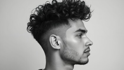 Young man with stylish curly hair and sharp jawline. Profile view shows modern fade haircut and expressive facial features on neutral backdrop. Clean skin, light beard stubble detail.