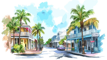 Fototapeta premium Key West?s Duval Street. Key West?s Duval Street hand drawn watercolor illustration