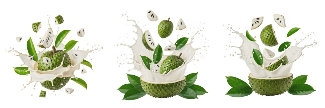 Soursop fruit Annona muricata, soursop with juice splash, graviola guanabana corossol sirsak prickly custard apple oil paint