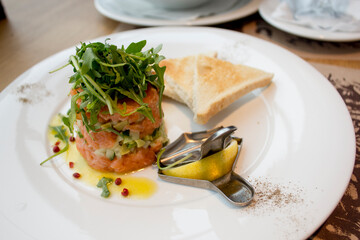 Gourmet salmon tartare with avocado, arugula and toast, elegantly plated with lemon wedge and dressing on a white restaurant dish