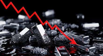 Silver Bullion Bars Sinking into Black Liquid with Downward Red Arrow Representing Market Crash