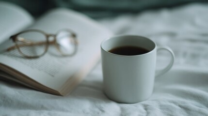 White mug with coffee sits on a bed next to a book