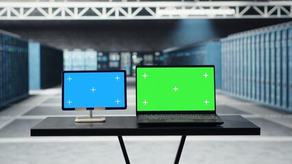 Isolated screen tablet and mockup laptop in data center doing software updates. Chroma key laptop and device in server farm optimizing infrastructure supercomputers configuration