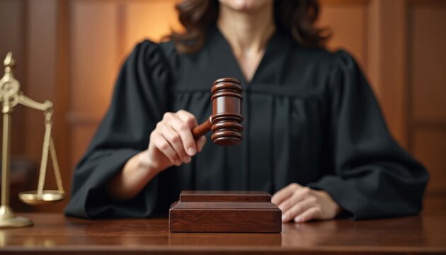 Female judge in black robe holds wooden gavel above sounding block at courthouse desk. Scales of justice are nearby. Courtroom scene implies legal verdict, trial, and justice.