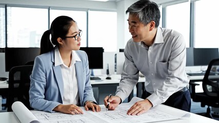 Asian architects reviewing blueprints at a desk. Two professionals collaborate on a construction project in a modern office. Ideal for business and engineering concepts.