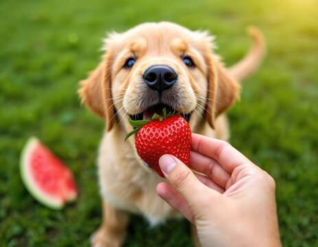Golden retriever puppy eats strawberry held by person. Watermelon slice rests on green grass lawn. Dog enjoys treat outdoors on sunny day. Cute pet gets fruit snack in nature.