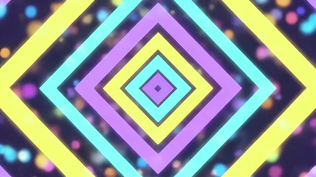 Colorful geometric squares pulsating and expanding in a digital tunnel shape with glowing neon lines and floating bokeh particles