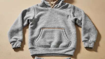 A cozy gray fleece hoodie unfolds on a light background. Matching sweatpants complete this comfortable loungewear set.