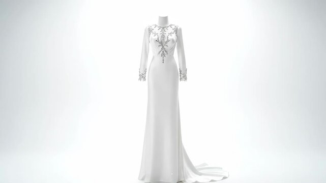 This elegant white gown features sparkling crystal embellishments on the bodice and sleeves. The luxurious dress with a long train is perfect for a wedding.