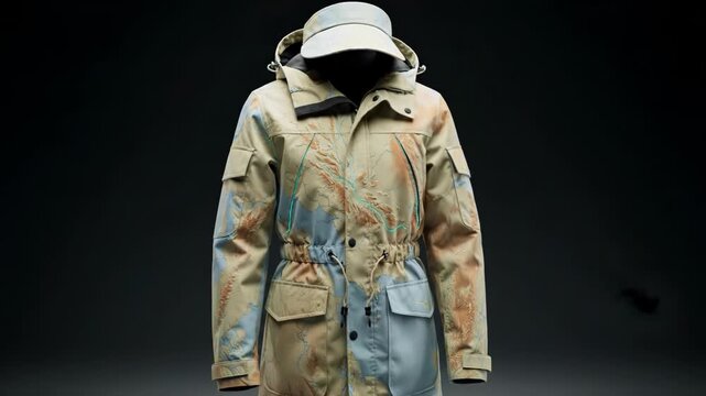 This innovative jacket features a detailed topographical map design. Glowing blue lines highlight rivers on the unique outdoor apparel.