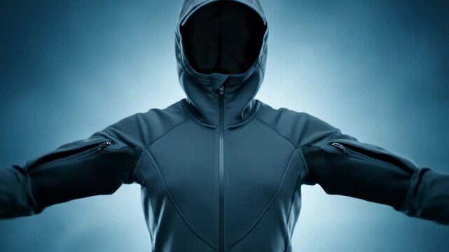 A sleek, dark hooded jacket is showcased on an invisible mannequin. Modern design features multiple zippers and textured fabric details.