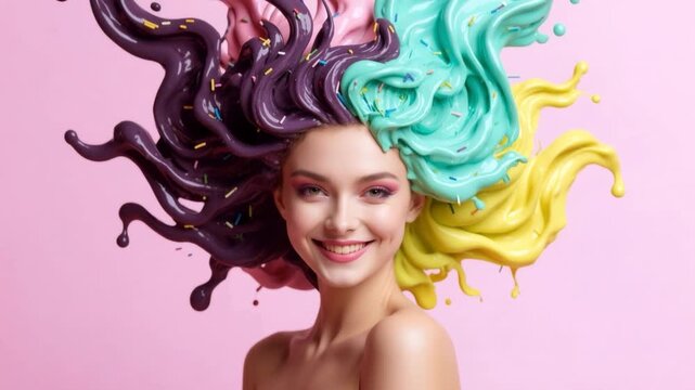 A vibrant portrait of a woman with abstract, colorful liquid hair resembling frosted candy with sprinkles on a pink background, artistic and surreal