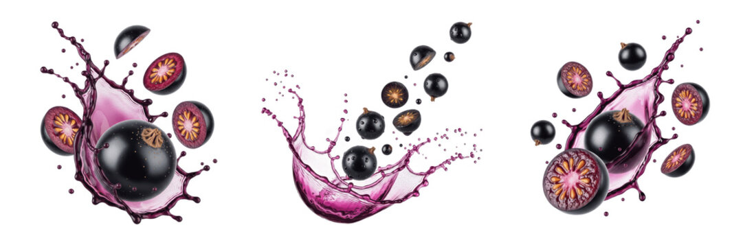 Black currant fruit Ribes nigrum, black currant with juice splash, cassis european blackcurrant dark purple berry oil paint