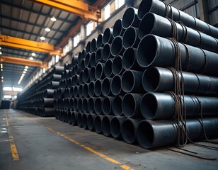 Industrial warehouse stacked with many large black pipes ready for shipment or installation. Heavy equipment overhead crane is visible for material handling within the large building structure.