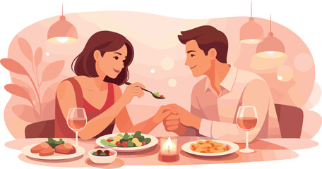 Cozy Dinner Date. Cozy dinner date moment suggested by gentle gestures, shared plates, and warm glow, modern flat vector
