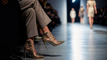 Woman sitting with crossed legs in golden high heels at fashion show  