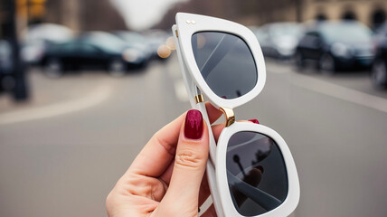 Woman's hand with flawless dark red manicure holding white sunglasses   