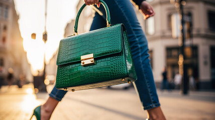 Elegant green crocodile-embossed leather handbag in woman's hand  