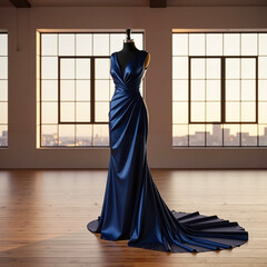 Elegant blue satin evening gown on mannequin in bright studio  
