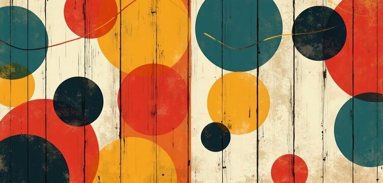 Abstract geometric pattern with circles in red, yellow, teal on distressed wood background. Design mid-century modern feel with vintage texture. Retro graphic evokes playful, nostalgic mood, perfect