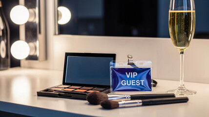VIP guest pass next to open eyeshadow palette and makeup brushes  
