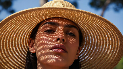 Woman in wide-brimmed straw hat with patterned shadow on face and neck  