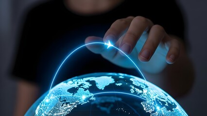 Global Connectivity and Digital Communication Network A Human Hand Interacting with a Glowing Earth, Symbolizing International Travel and Technological Advancements