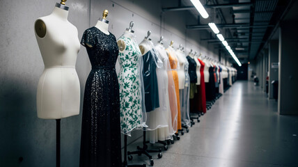 Line of identical white mannequins on wheels stretching into distance  