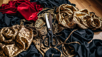Luxurious fabric scraps in red velvet, golden brocade, and black silk  