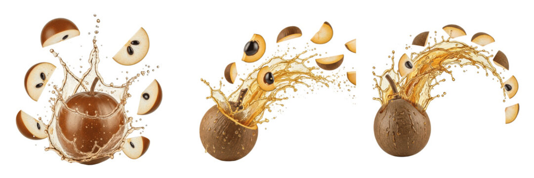 Wood apple fruit Limonia acidissima, wood apple with juice splash, elephant apple monkey fruit hard tropical fruit oil paint