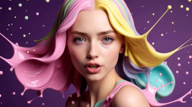 Young woman with wavy hair drenched in vibrant rainbow ice cream in pink, yellow, teal, and green slime drips and splashes wildly as she shakes her head playfully against a deep purple background