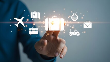 Travel planning and booking icons with a person's finger interacting with a digital interface, showcasing different modes of transport and luggage options