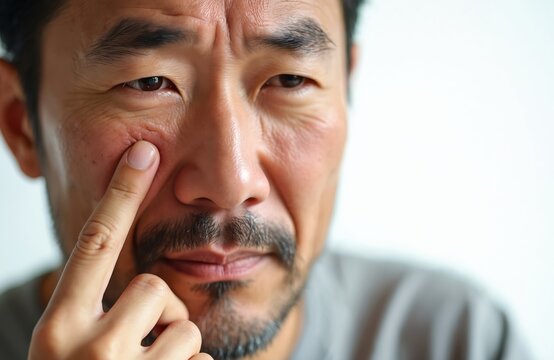 Middle aged Asian man concerned about skin abnormality on his face, pointing at red irritated area. Worrying about skin growth near eye, seeking treatment for epidermal issue.