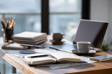 Fototapeta premium Modern Office Workspace with Coffee Cup Notebook and Laptop on Wooden Desk