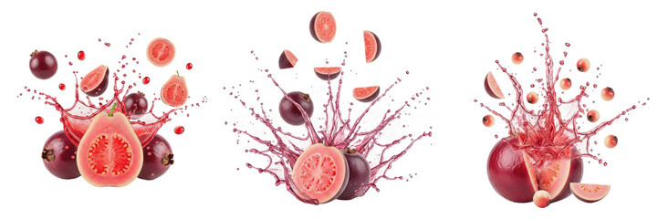 Strawberry guava fruit Psidium cattleianum, strawberry guava with juice splash, cattley guava purple guava tropical small fruit oil paint