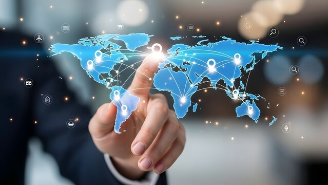 Hand touching glowing digital world map, symbolizing global business network, technological connectivity, and data exchange for worldwide communication and expansion